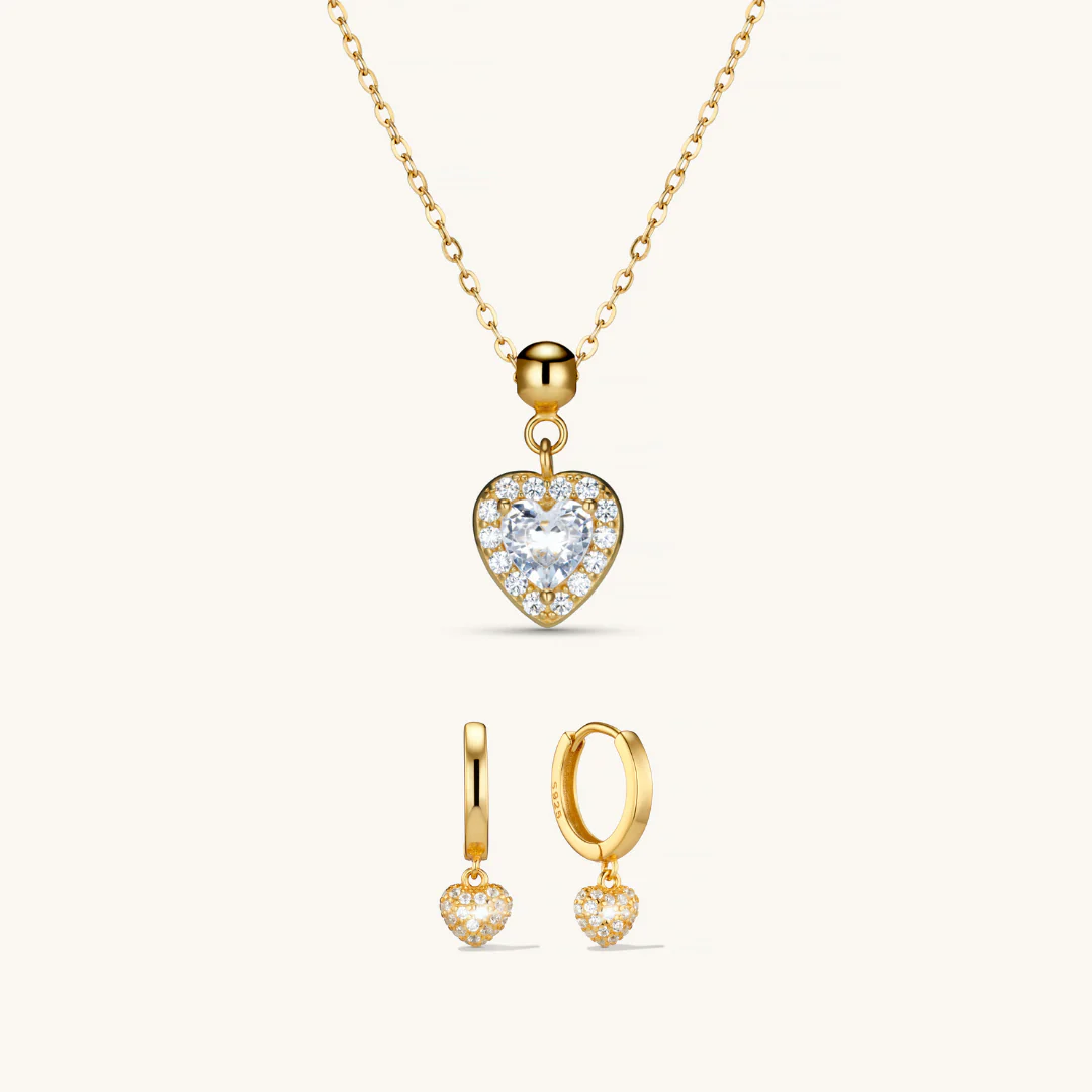Amore Charm Necklace & Amore Pave Hoops Set Gold