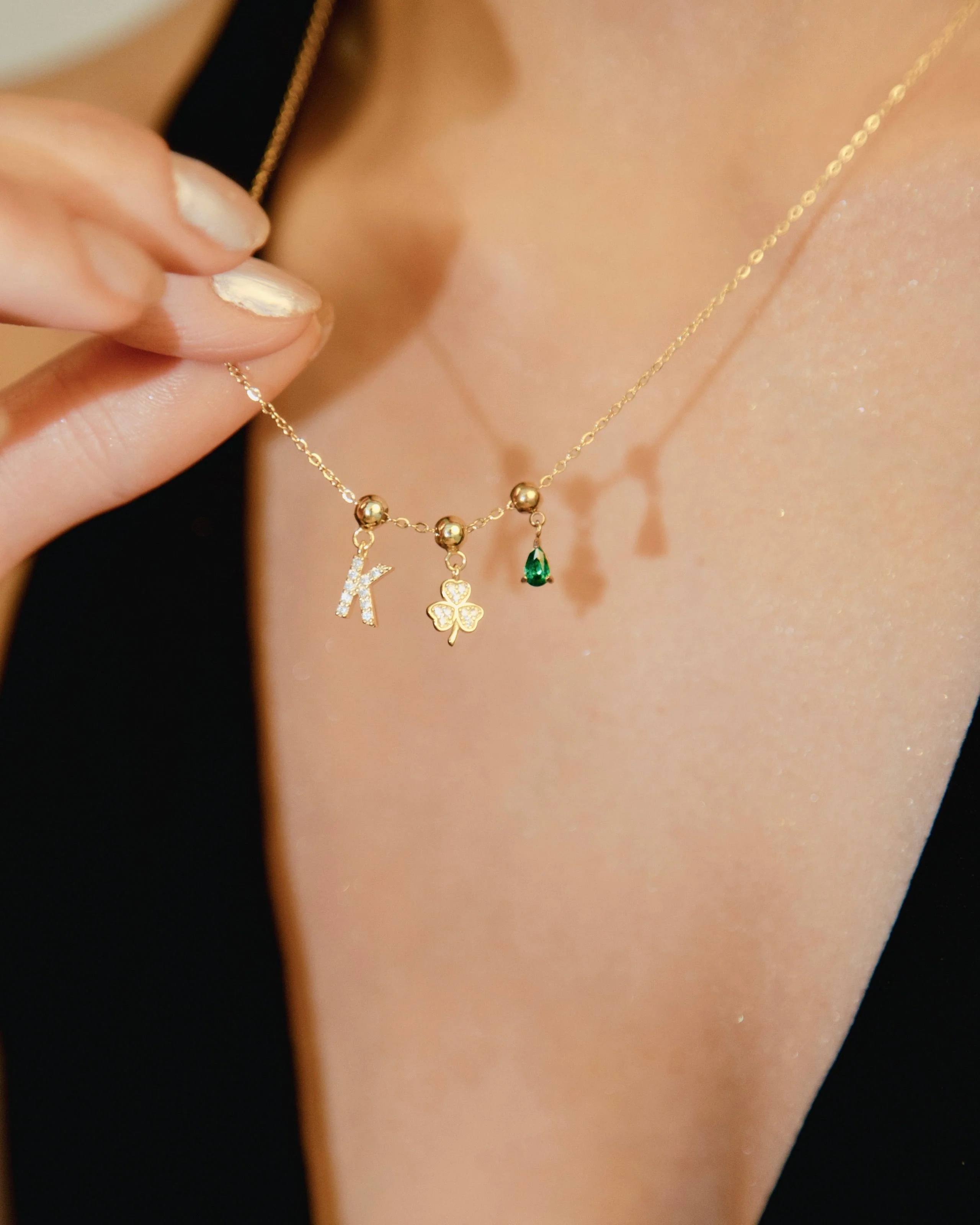 D Lucky Emerald Charm Necklace Gold - Image 3