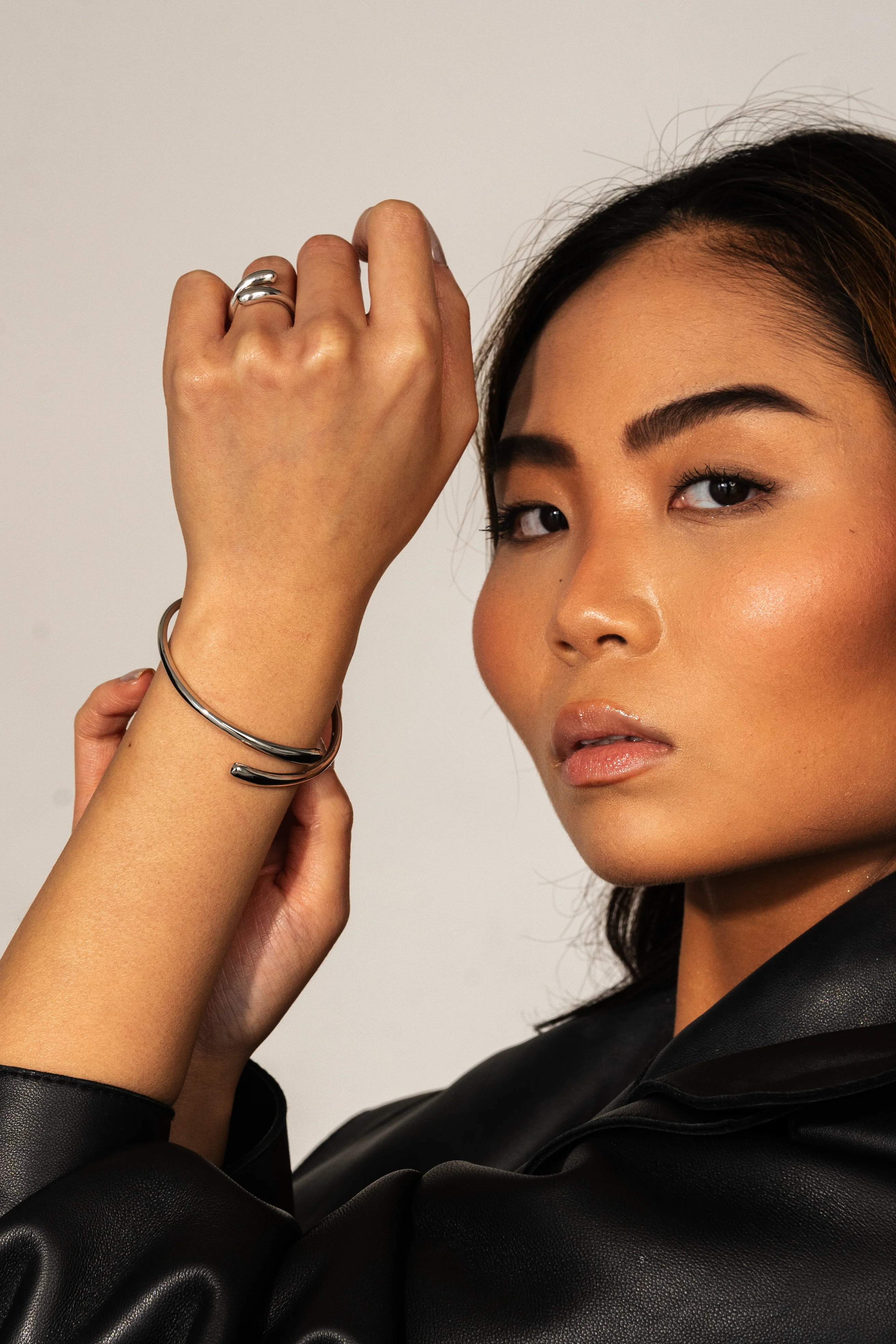 Dome Cuff Bracelet & Aura Pearl Hoop Earrings Matching Set Gold - Image 3