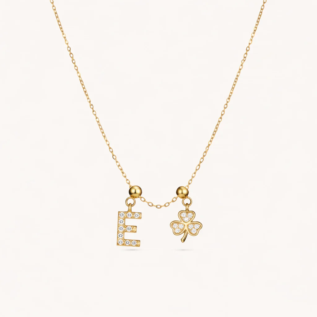 E Lucky Initial Charm Necklace Gold