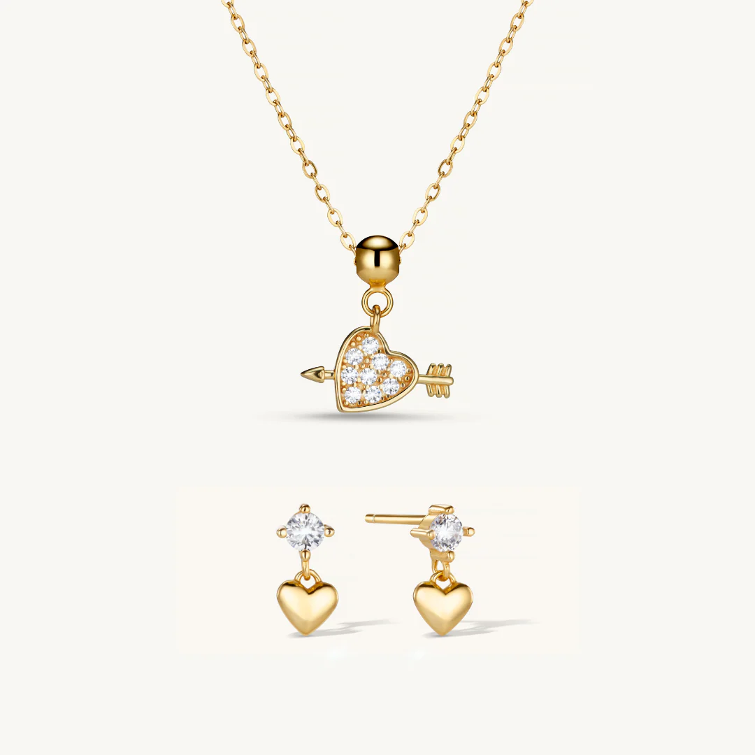 Heart & Arrow Charm Necklace & Heart Drop Studs Set Gold