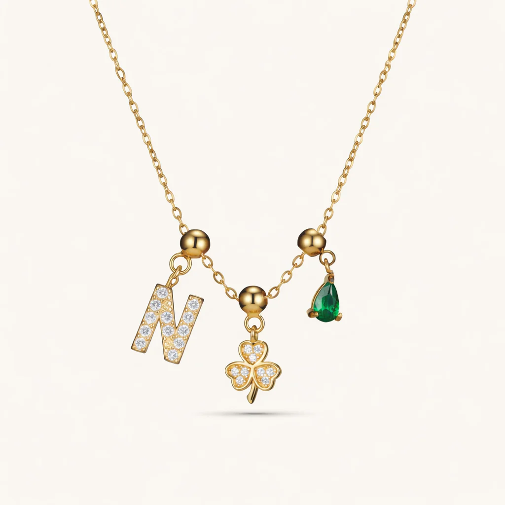 N Lucky Emerald Charm Necklace Gold