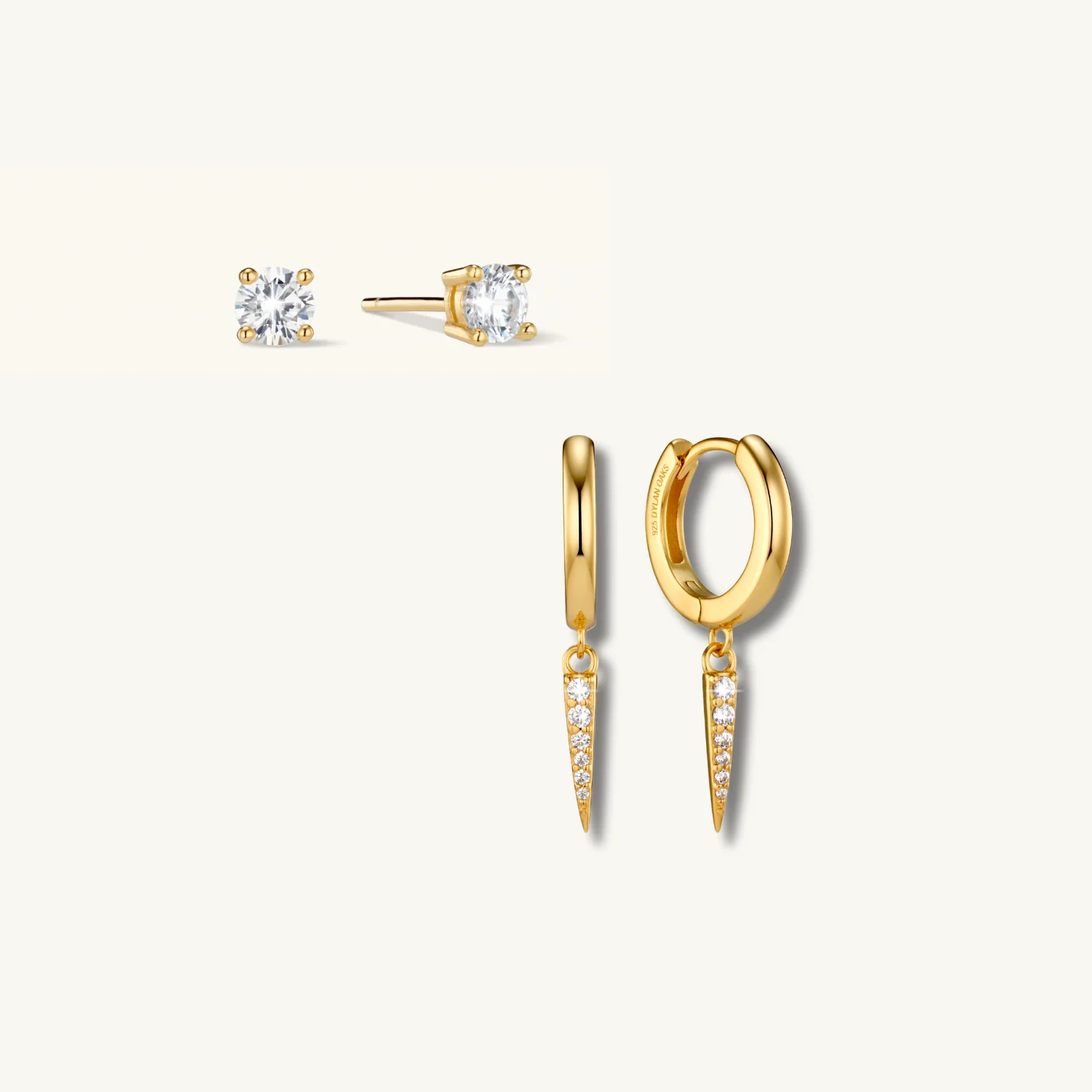 Pave Drop Hoop Earrings & Diamond Stud Set Gold - Image 2