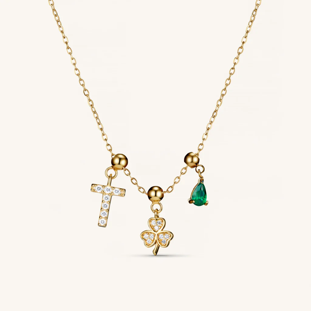 T Lucky Emerald Charm Necklace Gold