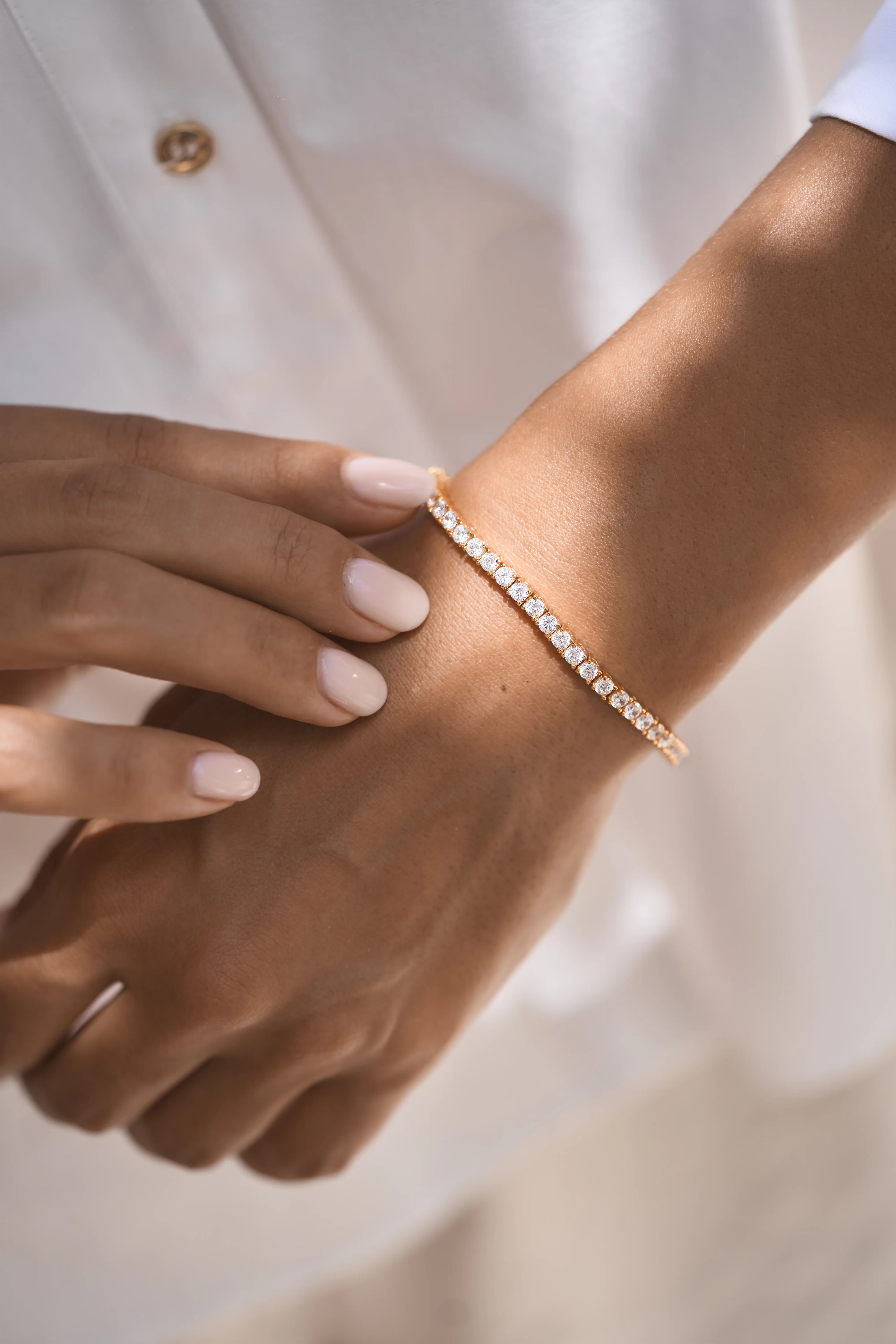 Tennis Chain Bracelet & Crystal Pearl Hoop Earrings Set Gold - Image 5