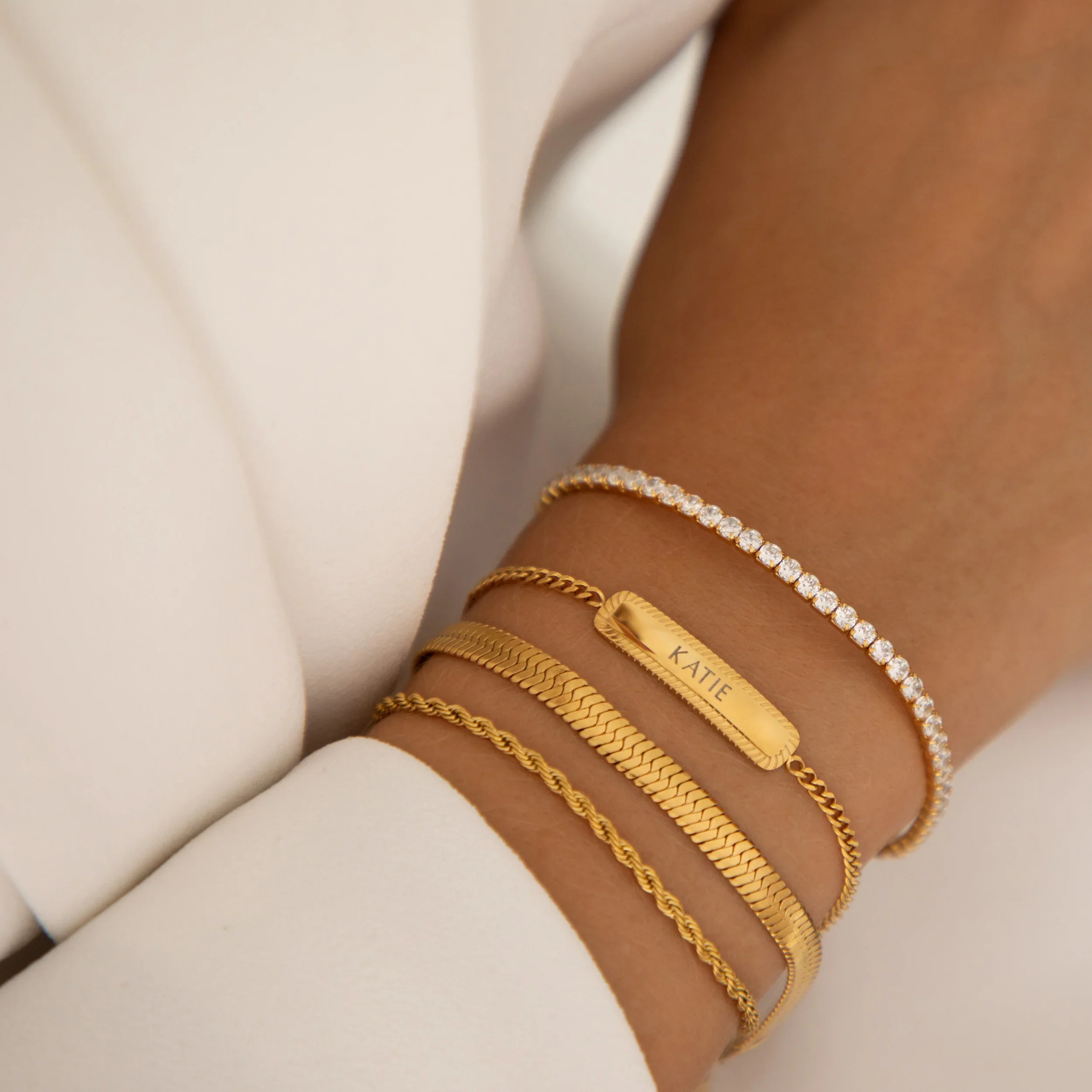 Tennis Chain Bracelet & Crystal Pearl Hoop Earrings Set Gold - Image 7