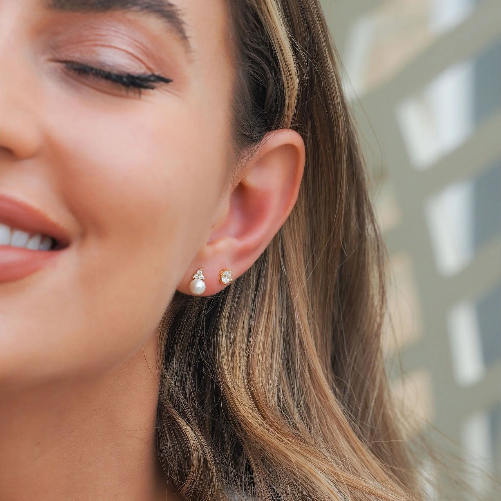 Trinity Pearl Studs in Gold - Image 7